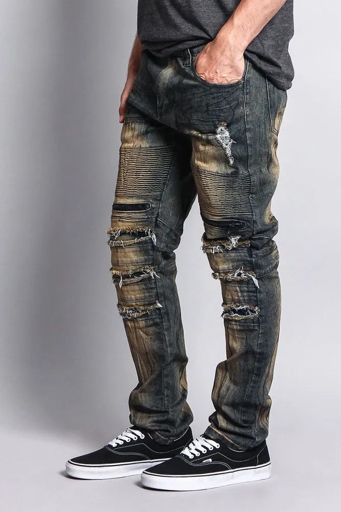 Zipper Cut Grease Wash Biker Jeans