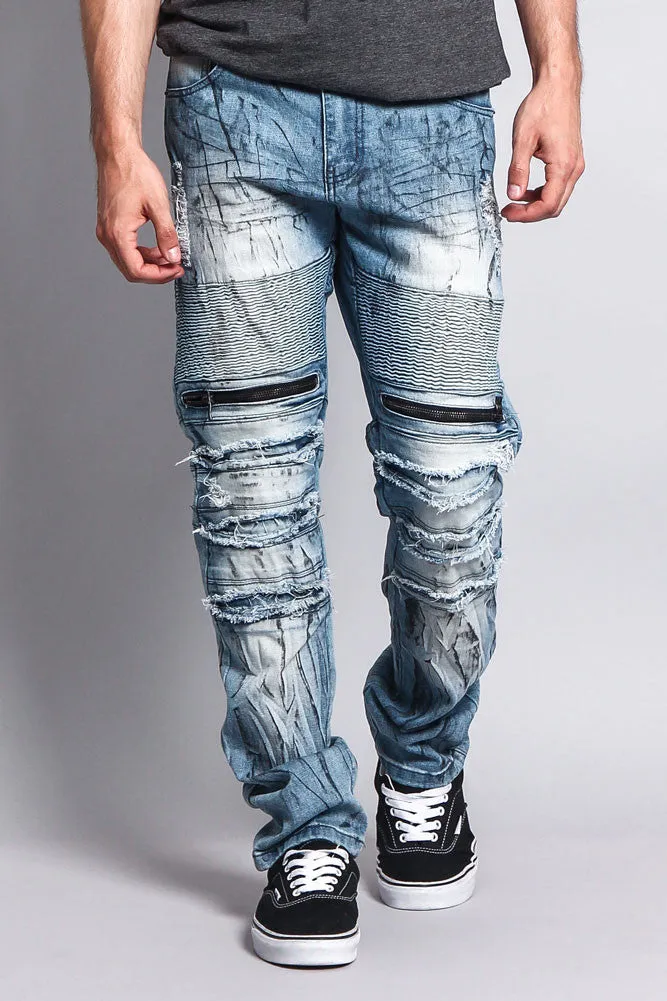 Zipper Cut Grease Wash Biker Jeans