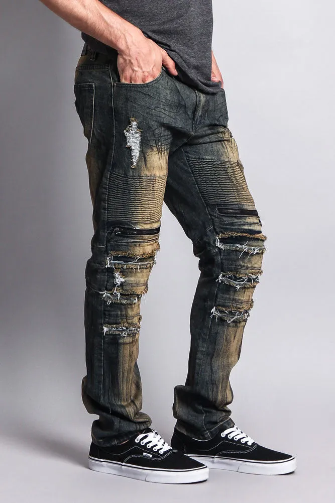 Zipper Cut Grease Wash Biker Jeans