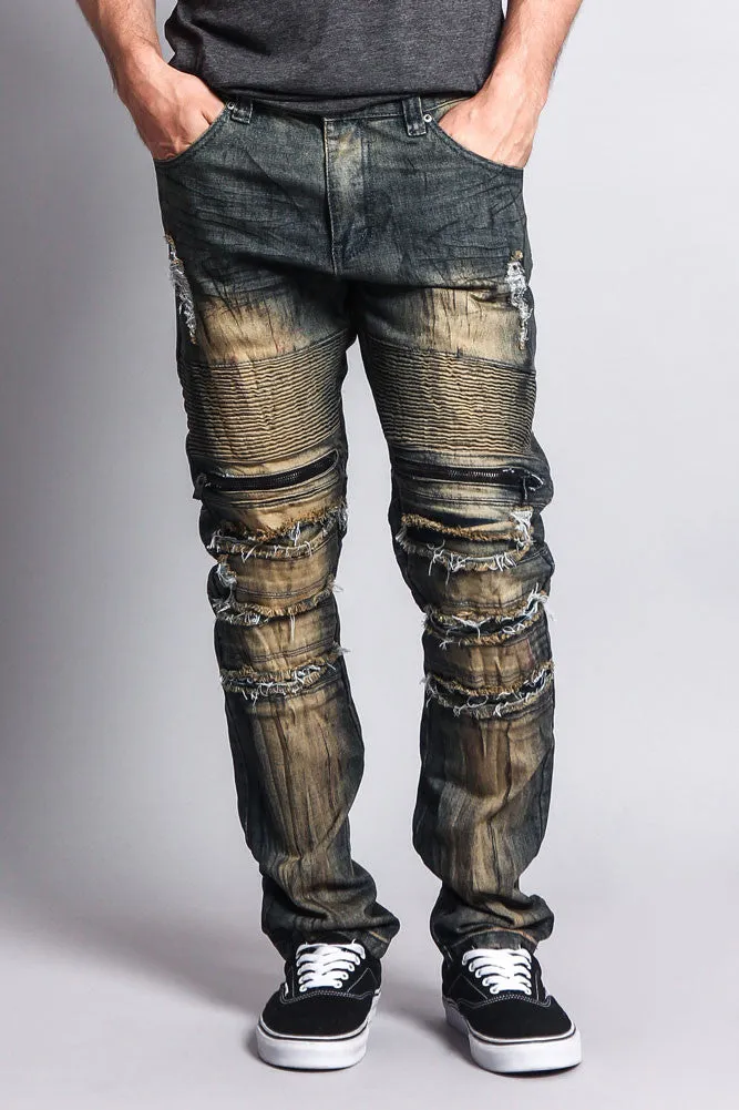 Zipper Cut Grease Wash Biker Jeans